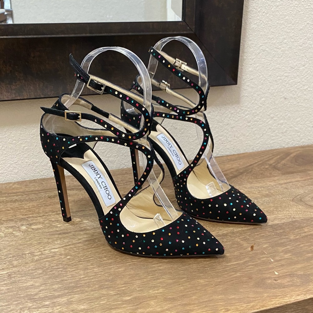 Jimmy Choo Black/Multi Lancer 100 Suede Embellished Crystals Pumps EU 37 / US 7